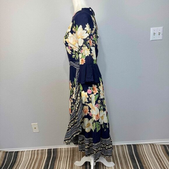 Farm Rio Anthropologie‎ Midnight Flower Wrap Dress 3/4 Sleeves Blue SP - Picture 8 of 16